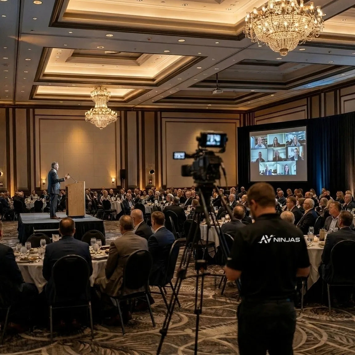 A smaller hotel meeting room where a presenter addresses an in-person audience while a large screen beside the stage shows a video-call grid of remote participants.