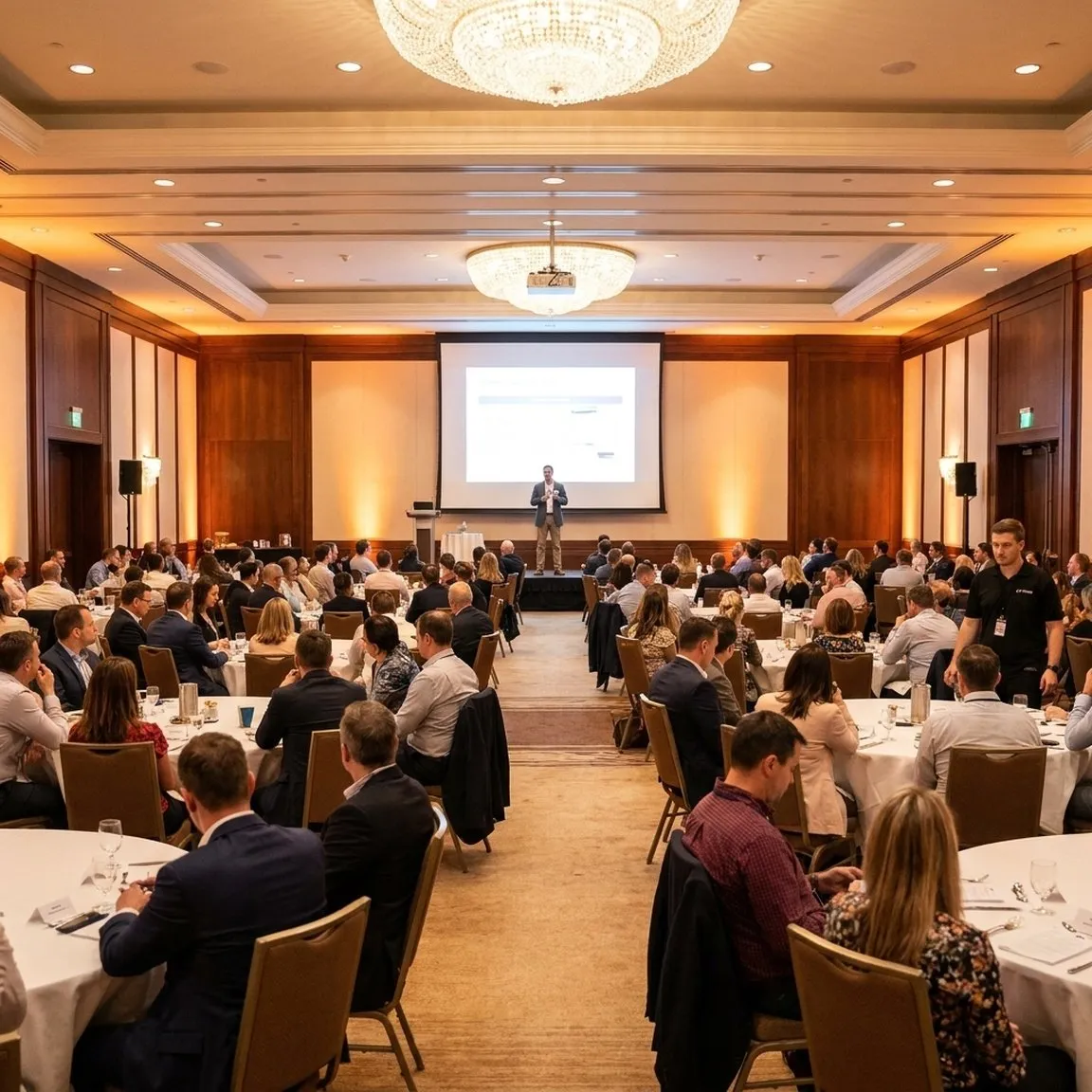 A wide hotel ballroom filled with a few hundred seated attendees at round tables, all attention on a presenter at a simple stage with a projector screen.