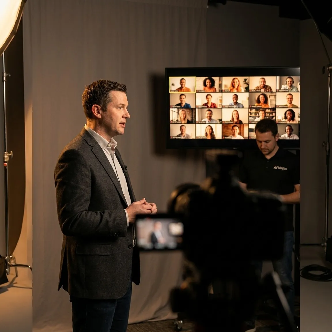 A single presenter delivers to a softly blurred broadcast camera in a small, clean studio-style set, with a monitor beyond showing a full grid of virtual attendees.