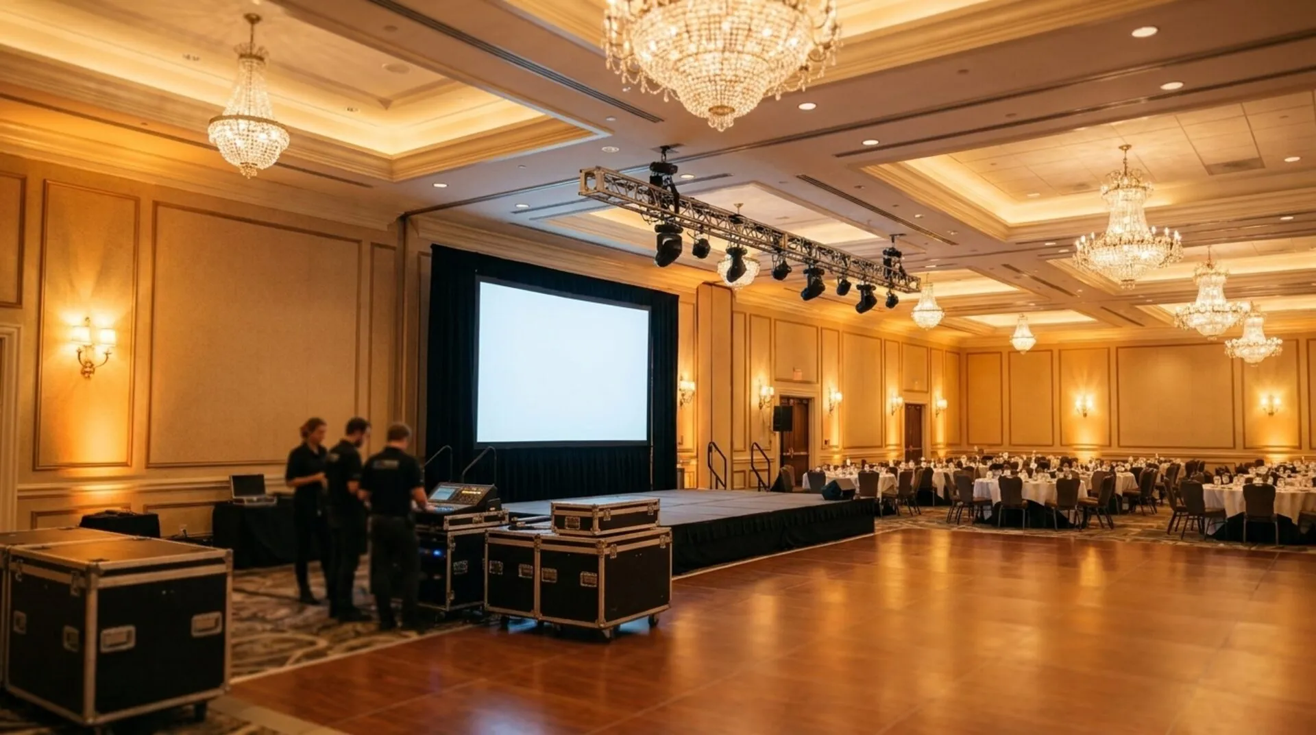 A dim, atmospheric hotel-ballroom load-in seen from the back of the room — road cases in the shadowed foreground, an AV technician silhouetted at a lit control console, lighting truss overhead, and a distant glowing presentation screen.