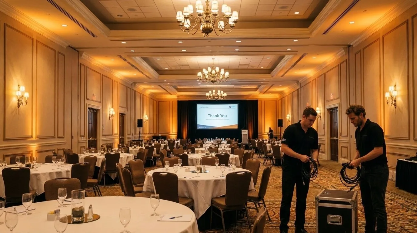 The three AV Ninjas technicians at the edge of a finished, fully-lit corporate event, turned slightly toward camera mid-stride as if wrapping up and ready for the next one.