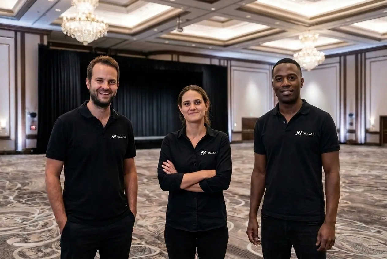 Three AV Ninjas technicians in black logo polos stand side-stage at a corporate ballroom event, a full crowd and warm stage light behind them.