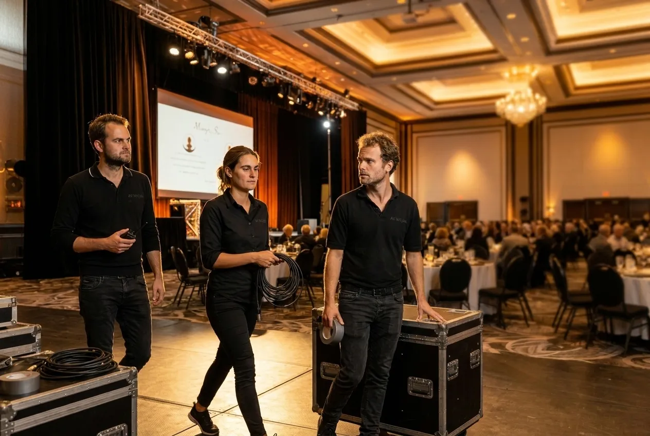 The three AV Ninjas technicians move through the wings of a corporate ballroom with quiet, coordinated economy — one mid-stride with a coiled cable, one watching the stage, one calm and watchful.